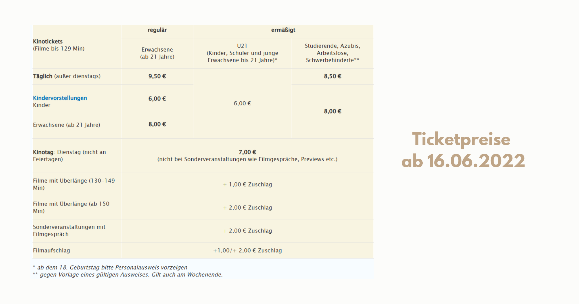 Ticketpreise  ab 16.06.2022