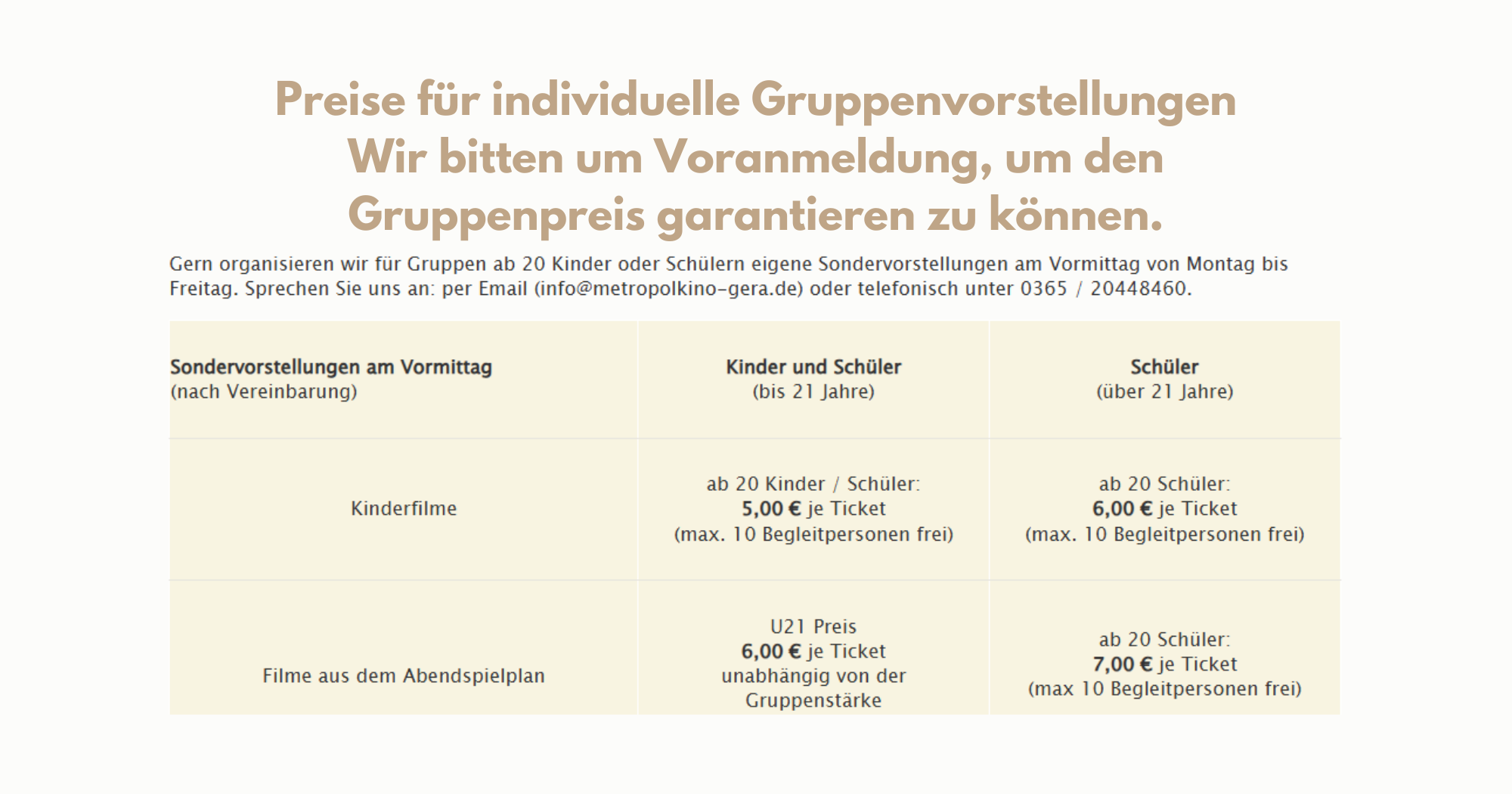 Preise für individuelle Gruppenvorstellungen